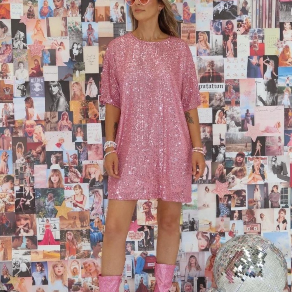 Coven & Co NWT Taylor Sequin Mini Tee Shirt Dress Plus Size XXXL Pink Sparkle